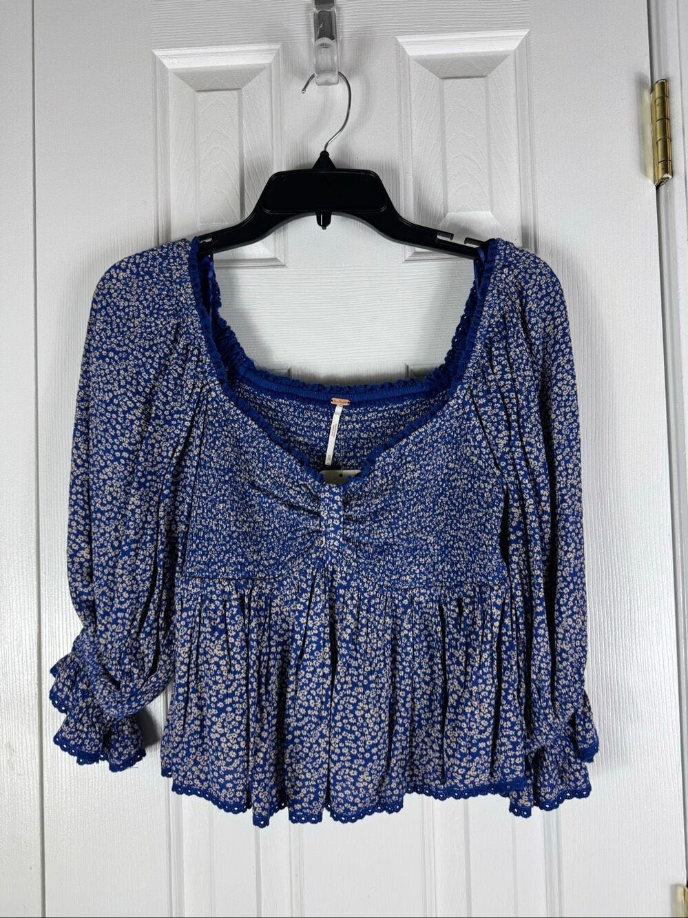 NWT Free People Britnee Print Peplum Top Blue Combo Floral Smocked Size XS